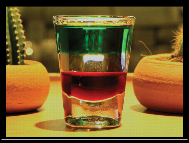 Mexican Flag drink, tequila with grenadine & our special green liquor.
